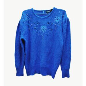 Vintage Beaded Fuzzy Angora Wool Knit Sweater Blue Pullover Festive Holiday Cozy